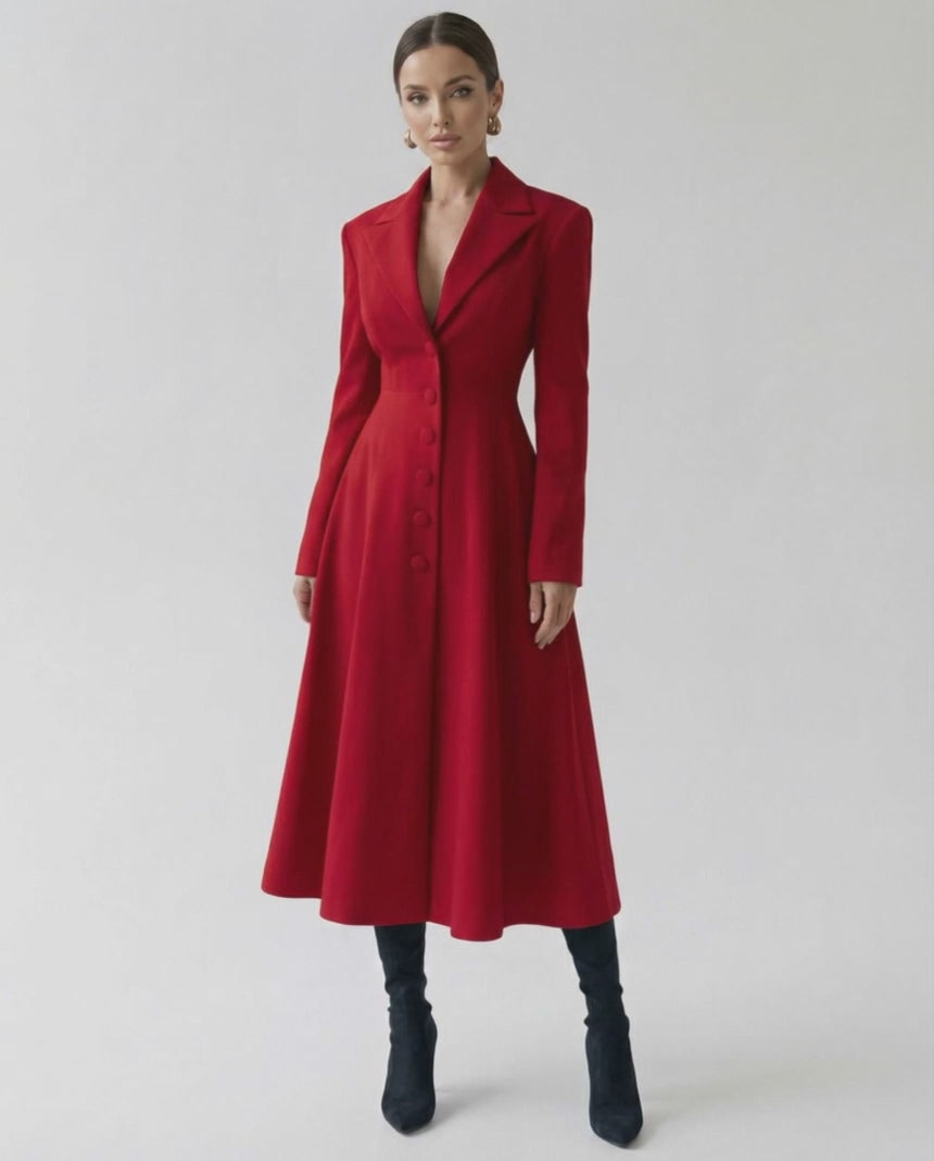 Roselle Midi Dress in red, featuring a tailored A-line blazer silhouette, showcasing modern elegance by Lauven.