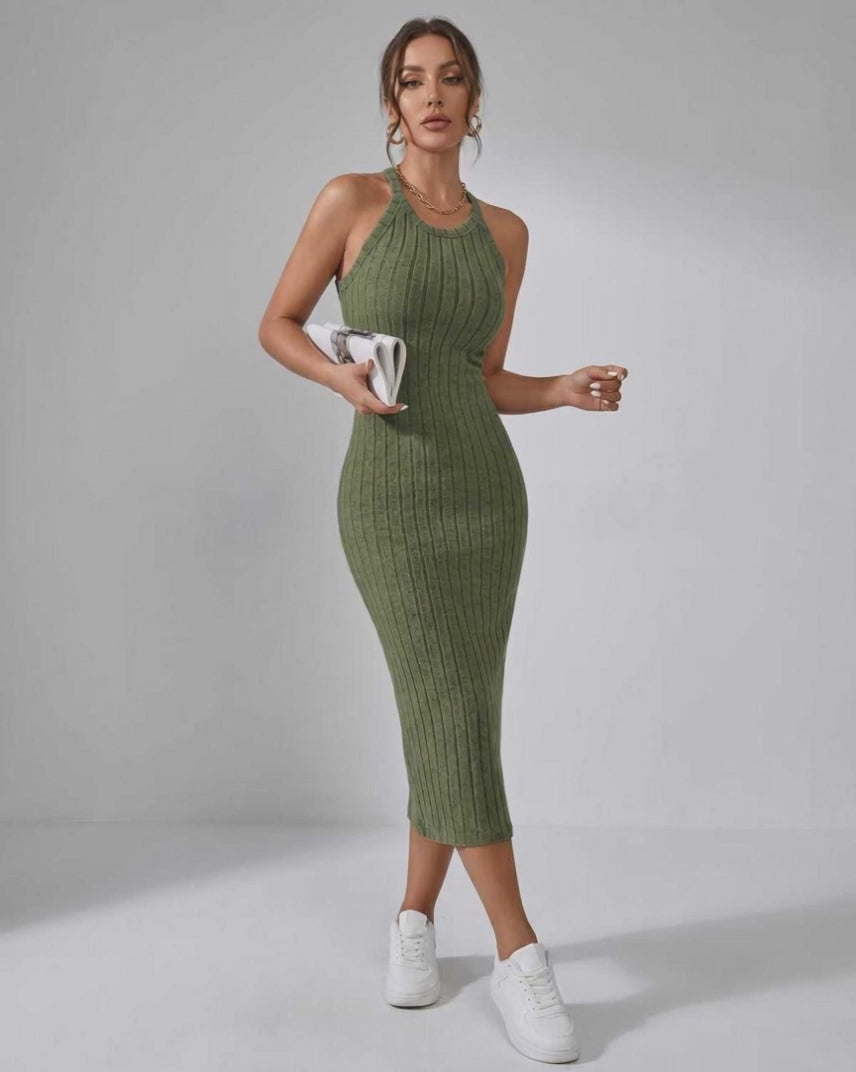 Lunara Midi Dress by Lauven — ribbed knit sleeveless crew neck slim-fit midi dress