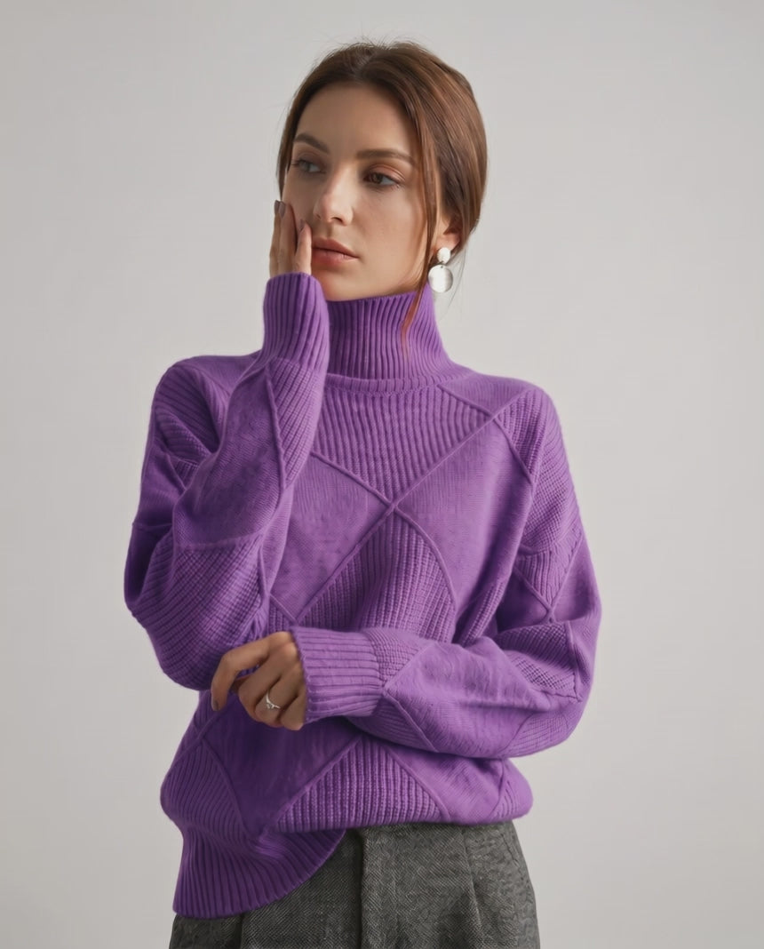 Aureline Sweater by Lauven — women’s oversized high-neck knit sweater with geometric texture and ribbed details