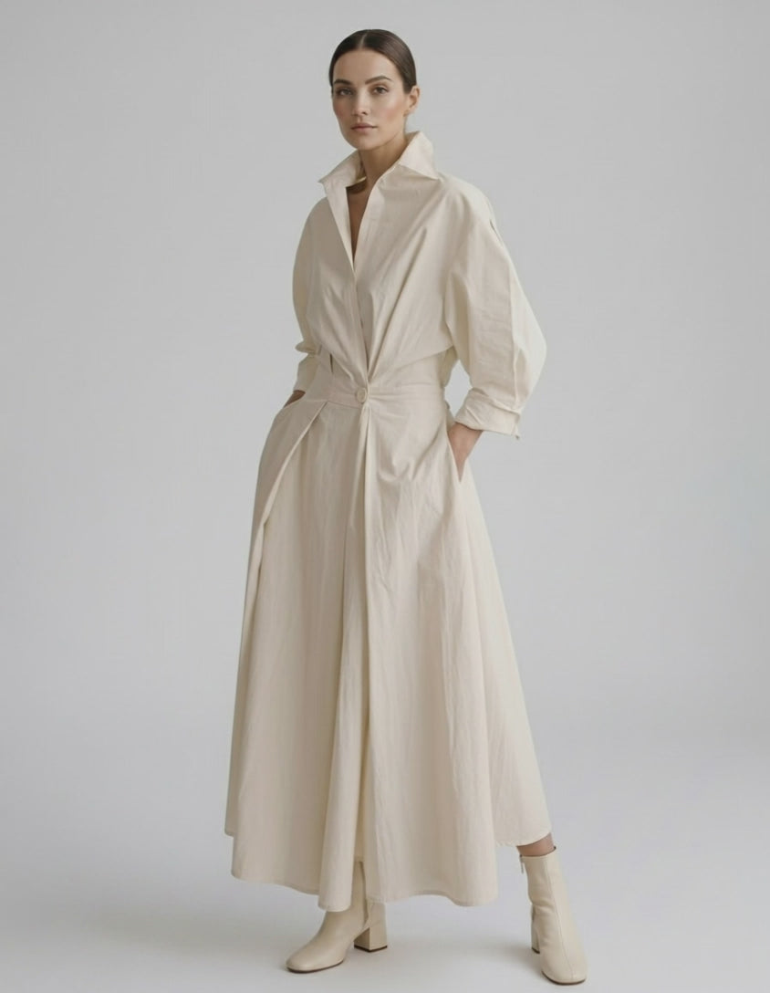 Aurelia Midi Dress by Lauven — breathable fabric long sleeve stand collar belted A-line midi dress