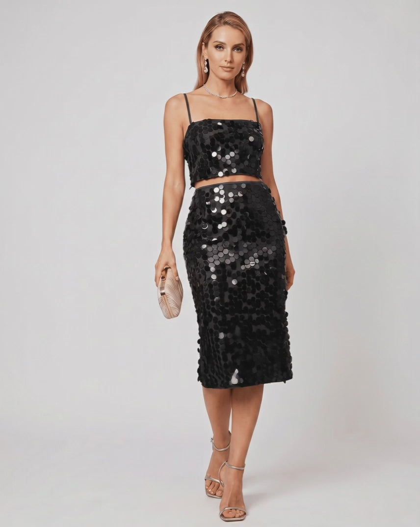 Lustra Sequin Set featuring a high-shine cropped top and midi skirt, ideal for glamorous evening wear by Lauven.