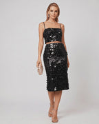 Lustra Sequin Set featuring a high-shine cropped top and midi skirt, ideal for glamorous evening wear by Lauven.