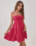Solara Mini Dress by Lauven — textured sleeveless square neck tiered swing mini dress