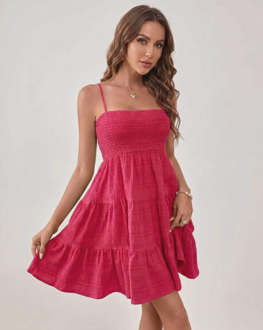 Solara Mini Dress by Lauven — textured sleeveless square neck tiered swing mini dress