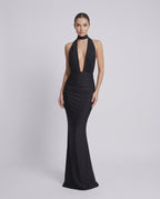 Nyx Maxi Dress - Black halter maxi dress with deep plunge, open back by Lauven, combining elegance and comfort.