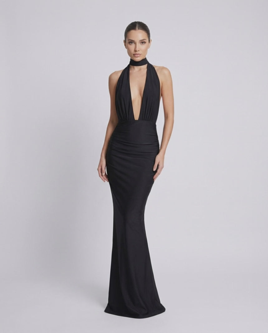 Nyx Maxi Dress - Black halter maxi dress with deep plunge, open back by Lauven, combining elegance and comfort.