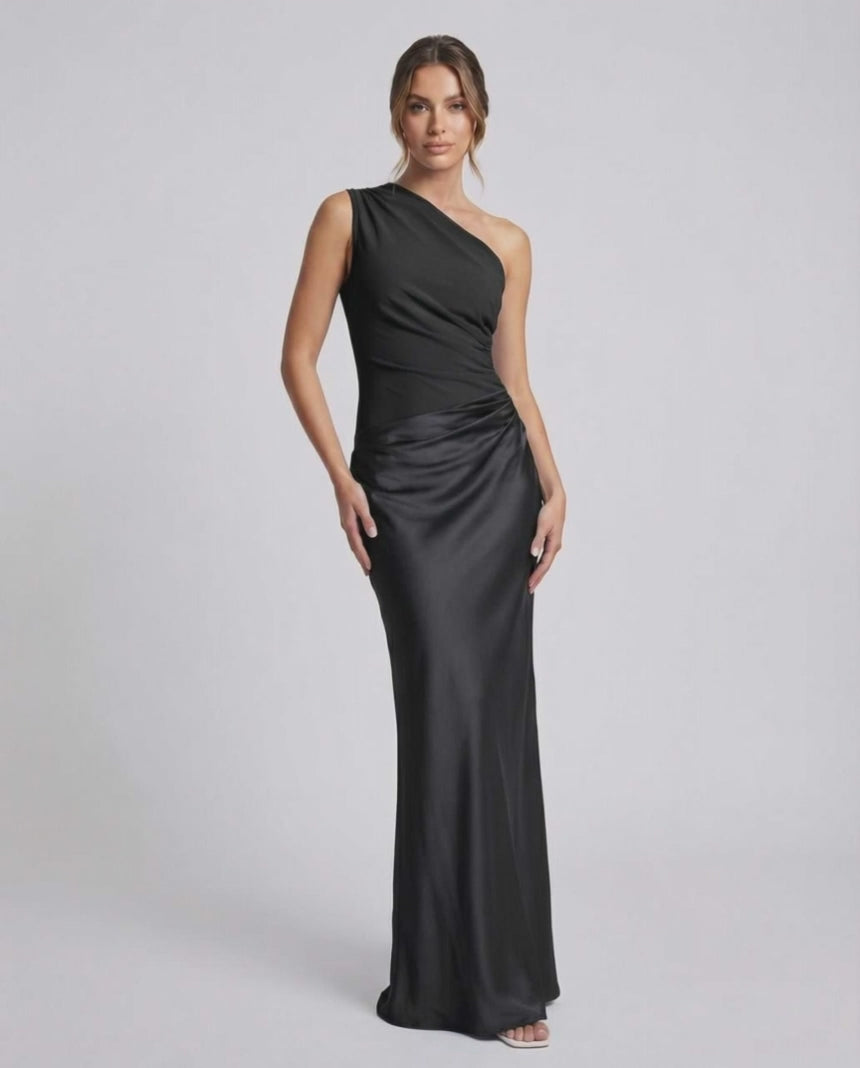 Noelle Maxi Dress, black one shoulder design, smooth polyester, high waist silhouette by Lauven.