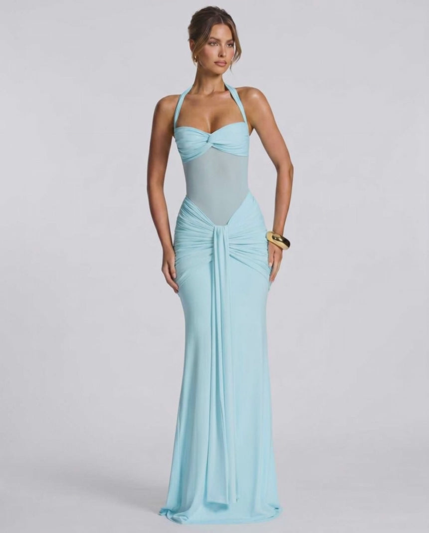 Solvane Maxi Dress by Lauven — stretch mesh sleeveless halter neck slim fit maxi dress