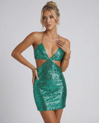 Jade Mini Dress by Lauven - Emerald green sequined cutout sleeveless party dress perfect for special occasions.
