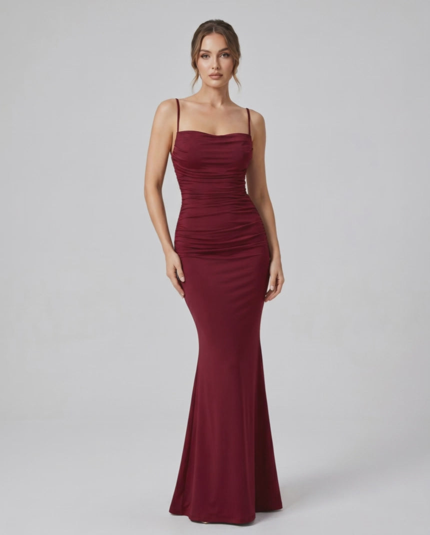 Aveline Maxi Dress by Lauven — satin sleeveless square neck mermaid maxi dress
