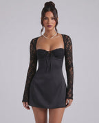 Noiré Mini Dress by Lauven — stretch long sleeve square neck fitted mini dress with lace sleeves