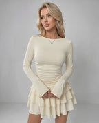 Aurevia Mini Dress by Lauven — stretch long sleeve round neck fitted mini dress with ruffle hem