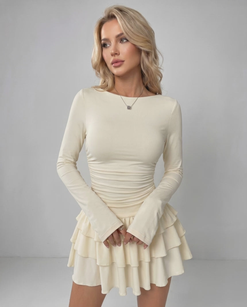 Aurevia Mini Dress by Lauven — stretch long sleeve round neck fitted mini dress with ruffle hem