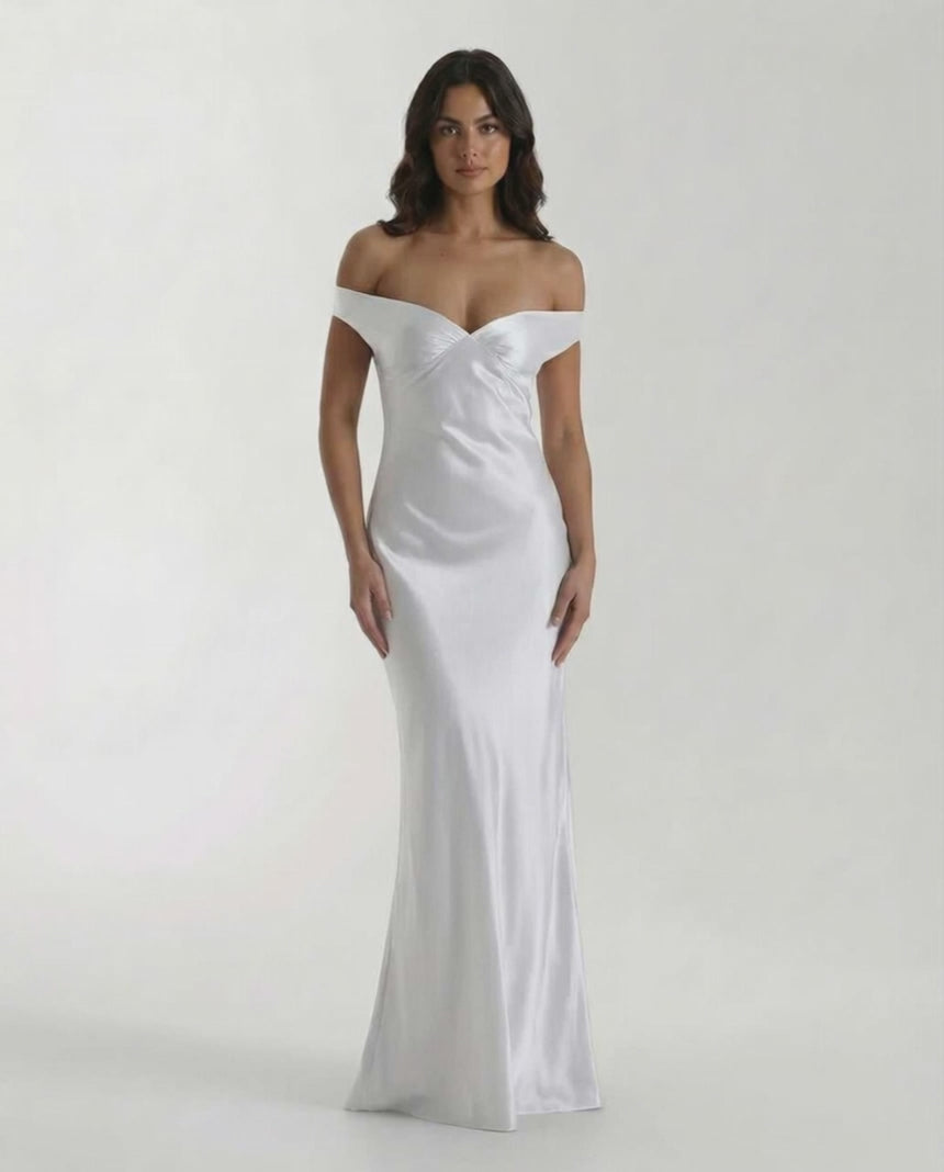 Elara Maxi Dress - Elegant white satin off shoulder dress with sleek silhouette by Lauven.