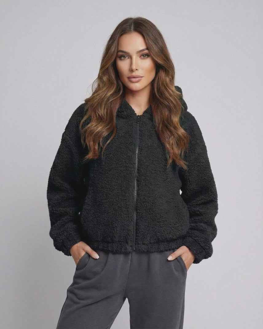 Aspen Jacket by Lauven - Women's black hooded fleece jacket, zip up with soft texture for comfort.