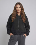 Aspen Jacket by Lauven - Women's black hooded fleece jacket, zip up with soft texture for comfort.