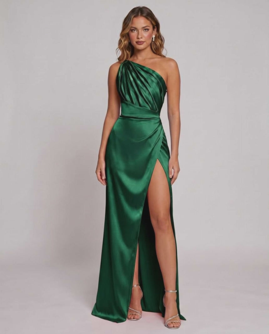 Veloura Maxi Dress by Lauven — satin one-shoulder mermaid maxi dress with slit