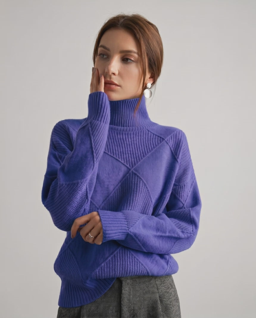 Aureline Sweater by Lauven — women’s oversized high-neck knit sweater with geometric texture and ribbed details