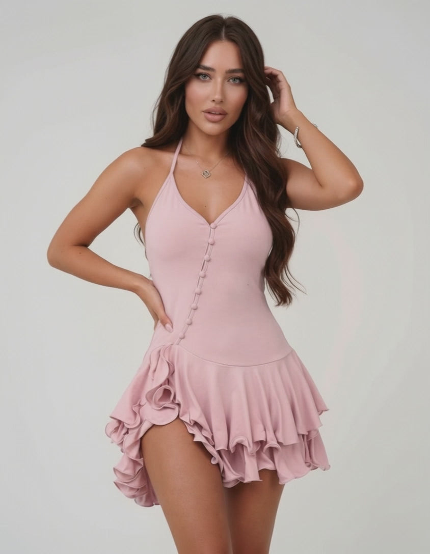 Elara Mini Dress by Lauven, pink bodycon dress featuring ruffle hem and halter neck silhouette.