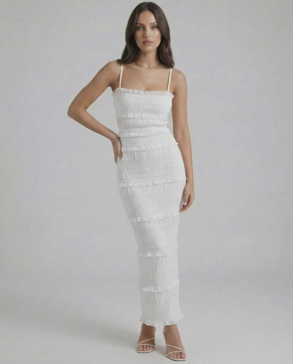 Luna Maxi Dress by Lauven featuring a sleek sheath silhouette in crisp white with spaghetti straps.