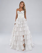 Seraphine Maxi Dress by Lauven — satin chiffon sleeveless sweetheart tiered A-line maxi dress