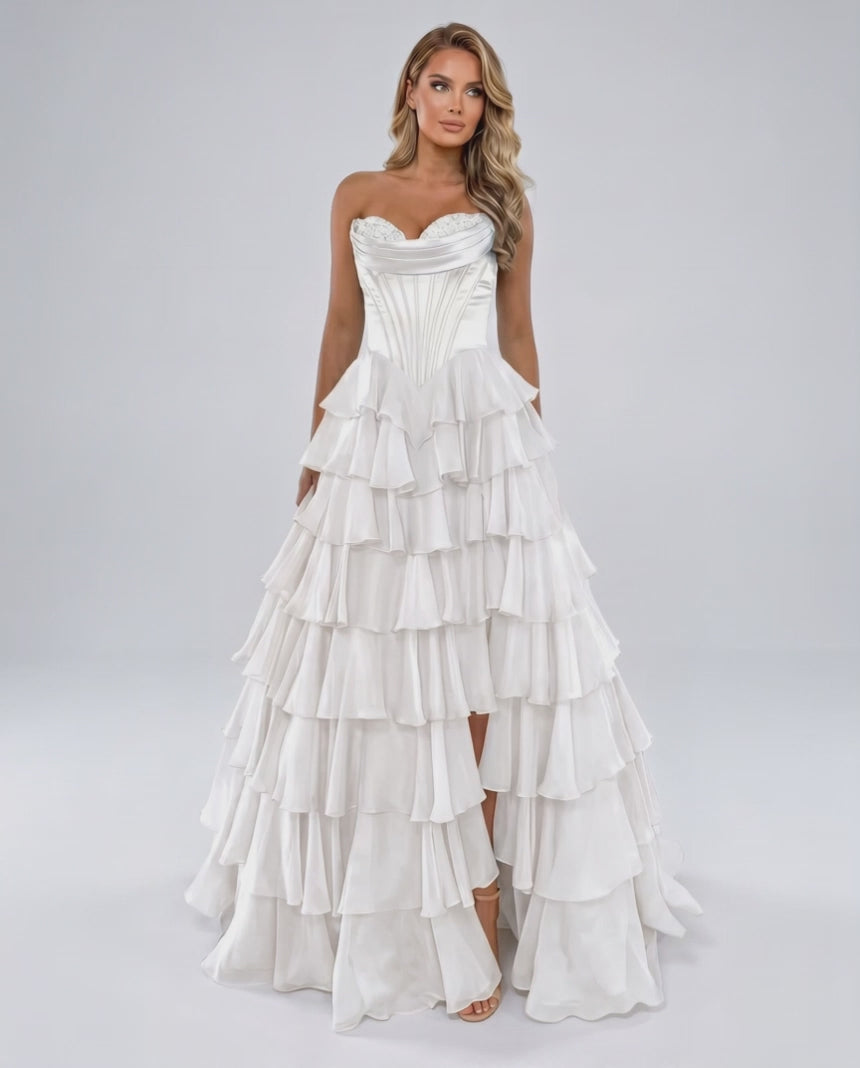 Seraphine Maxi Dress by Lauven — satin chiffon sleeveless sweetheart tiered A-line maxi dress