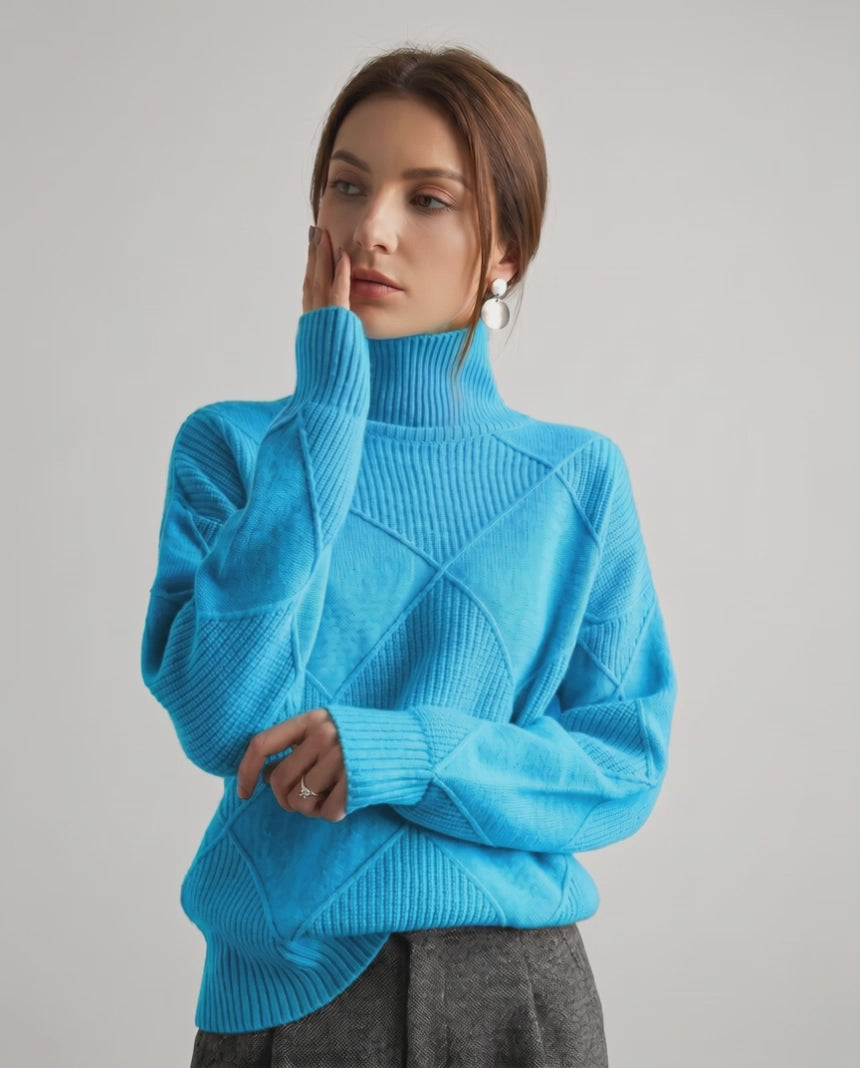 Aureline Sweater by Lauven — women’s oversized high-neck knit sweater with geometric texture and ribbed details