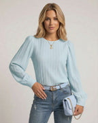 Celeste Blouse by Lauven, elegant light blue pleated long sleeve top, stylish women's fashion.