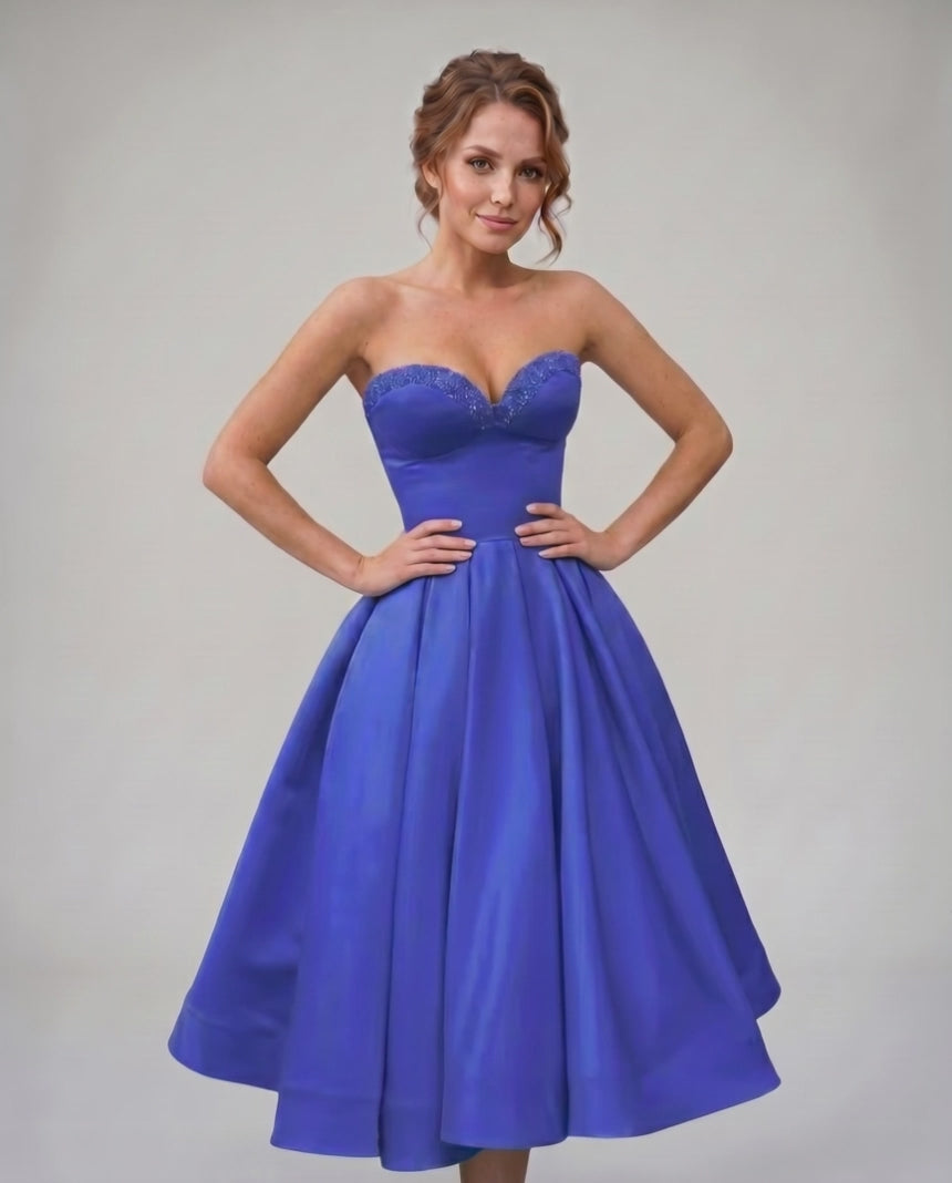 Veloura Midi Dress by Lauven — satin strapless sweetheart A-line midi dress