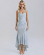 Celeste Maxi Dress by Lauven featuring an elegant square collar and jacquard fabric in pale blue.