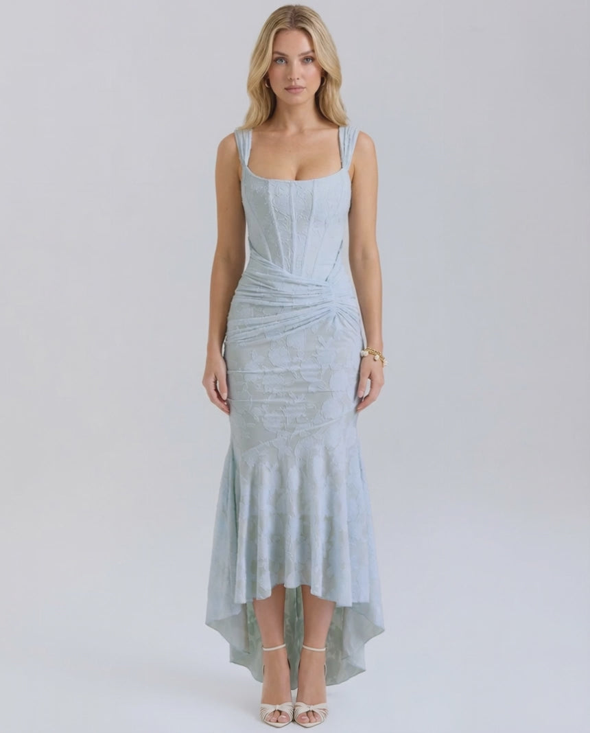 Celeste Maxi Dress by Lauven featuring an elegant square collar and jacquard fabric in pale blue.
