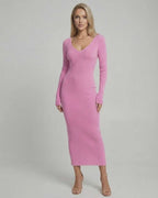 Luna Midi Dress in soft pink ribbed knit, featuring V-neckline, backless detail, and flattering silhouette by Lauven.