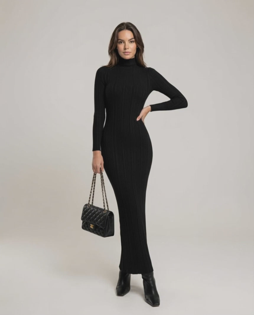 Monaco Maxi Dress in black ribbed knit with a turtleneck, showcasing a sleek silhouette for women by Lauven.