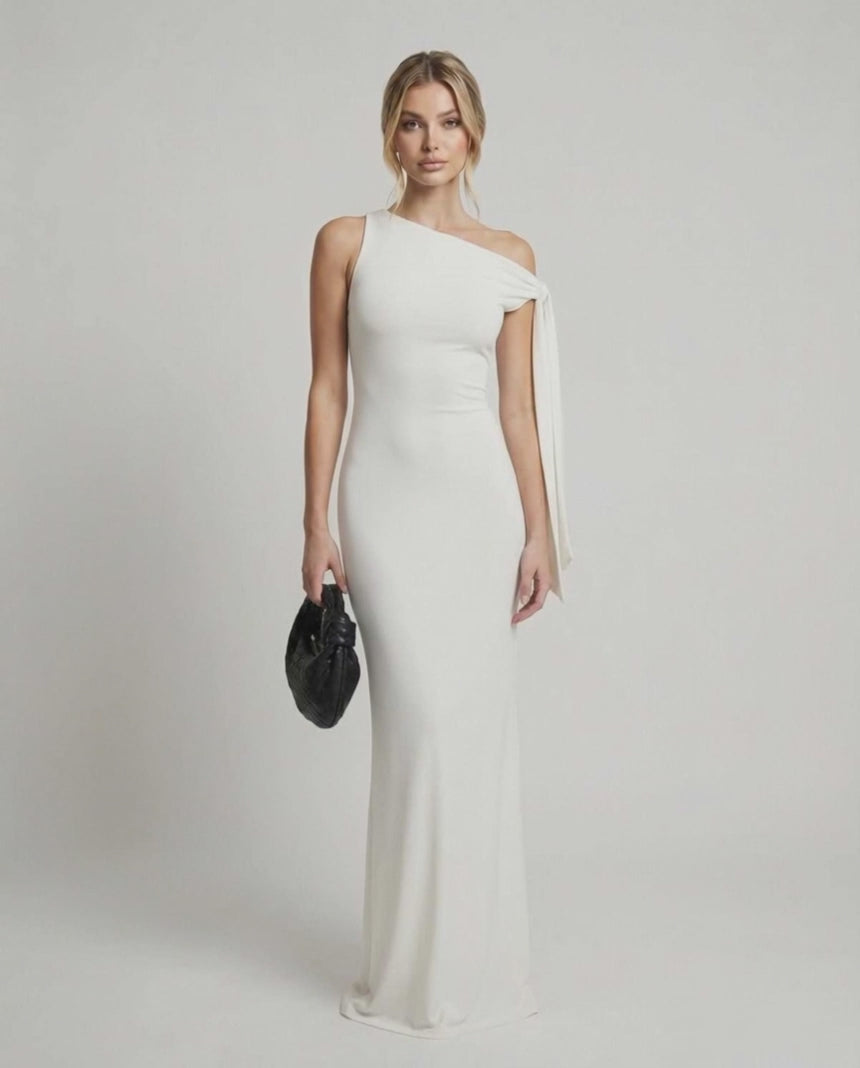 Elara Maxi Dress - Elegant one shoulder white maxi dress, floor length silhouette by Lauven, crafted for a refined look.