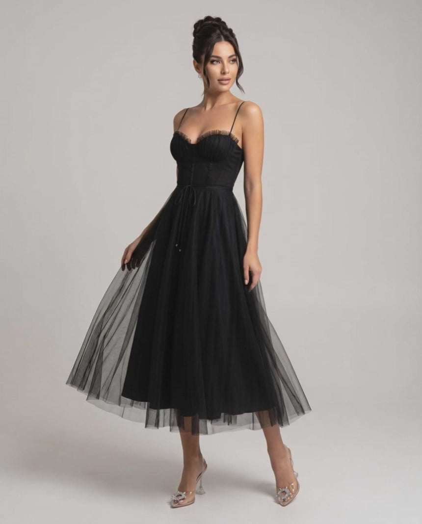 Elara Midi Dress by Lauven — tulle sleeveless sweetheart neck structured bodice midi dress