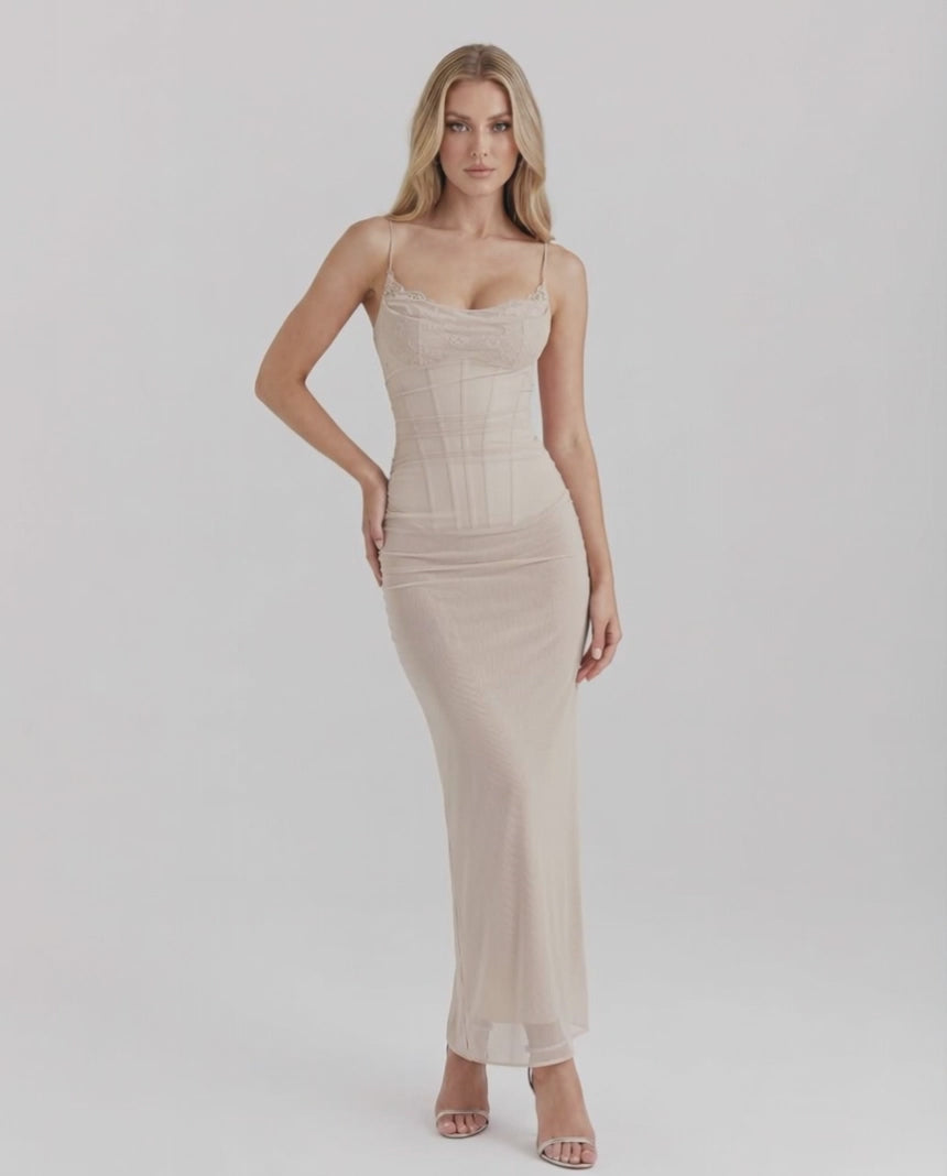 Aurelia Maxi Dress - Beige Mesh Bodycon Dress with Lace Details and Slim Fit Silhouette by Lauven