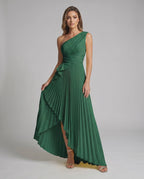 Aureline Maxi Dress by Lauven — pleated satin one shoulder A-line maxi dress with ruffle slit