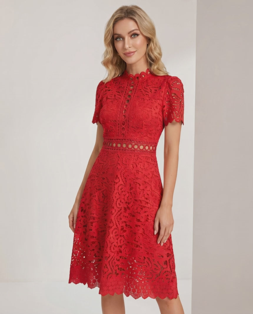 Aurelia Midi Dress by Lauven — lace short sleeve high neck A-line midi dress