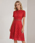 Aurelia Midi Dress by Lauven — lace short sleeve high neck A-line midi dress