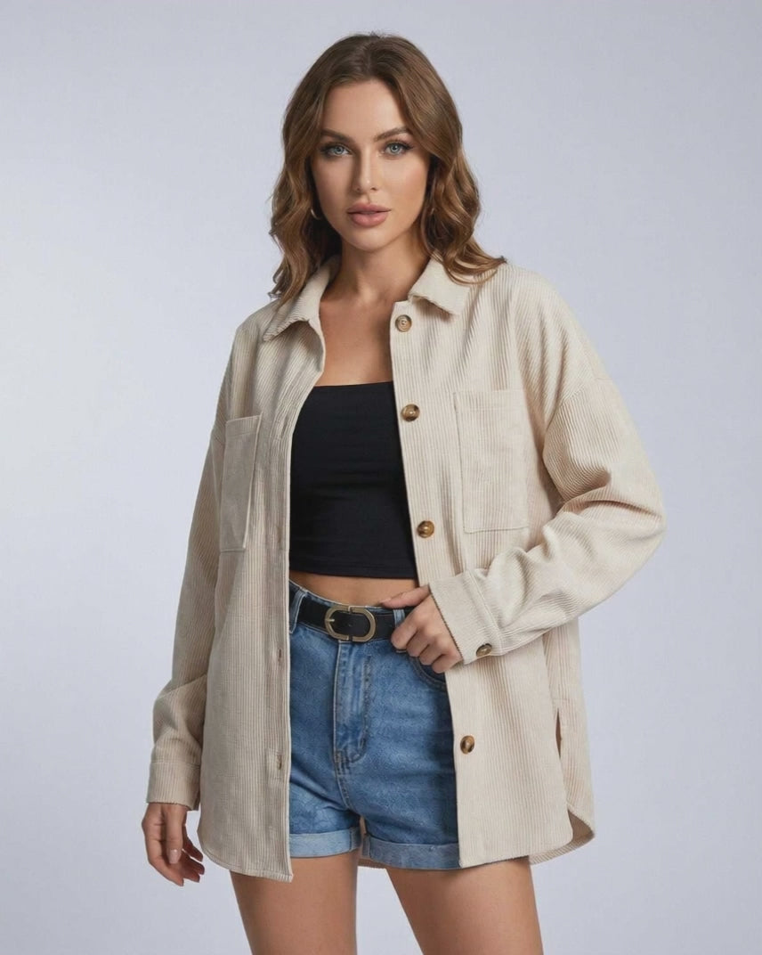 Monaco Jacket by Lauven – Women’s corduroy jacket with oversized silhouette and neutral tone.