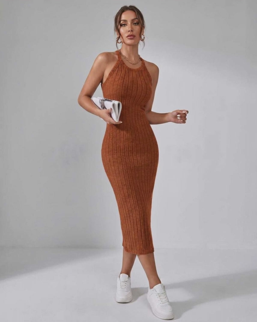 Lunara Midi Dress by Lauven — ribbed knit sleeveless crew neck slim-fit midi dress