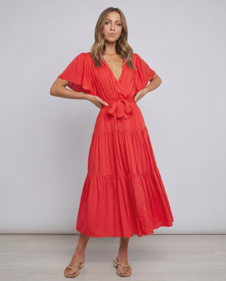 Solenne Midi Dress by Lauven — chiffon butterfly sleeve V-neck tiered midi dress