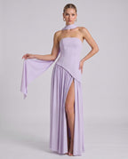 Aureline Maxi Dress by Lauven — chiffon strapless halter pleated maxi dress with slit
