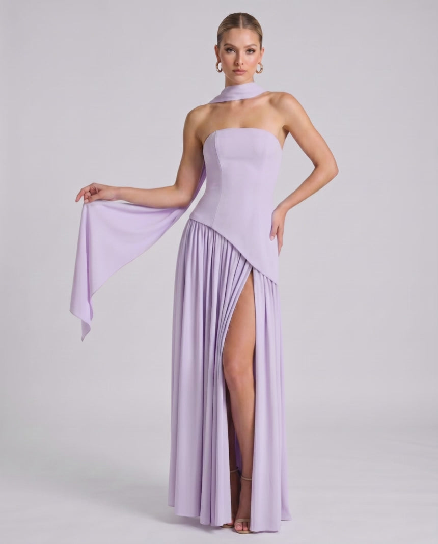 Aureline Maxi Dress by Lauven — chiffon strapless halter pleated maxi dress with slit