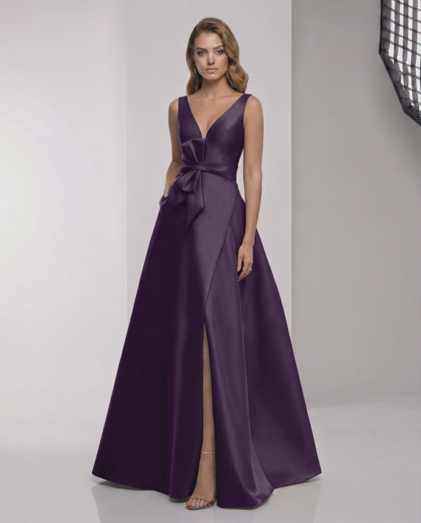 Celestia Maxi Dress - Purple satin A-line maxi with wrap slit and bow waist by Lauven, perfect for formal events.