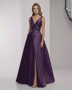 Celestia Maxi Dress - Purple satin A-line maxi with wrap slit and bow waist by Lauven, perfect for formal events.