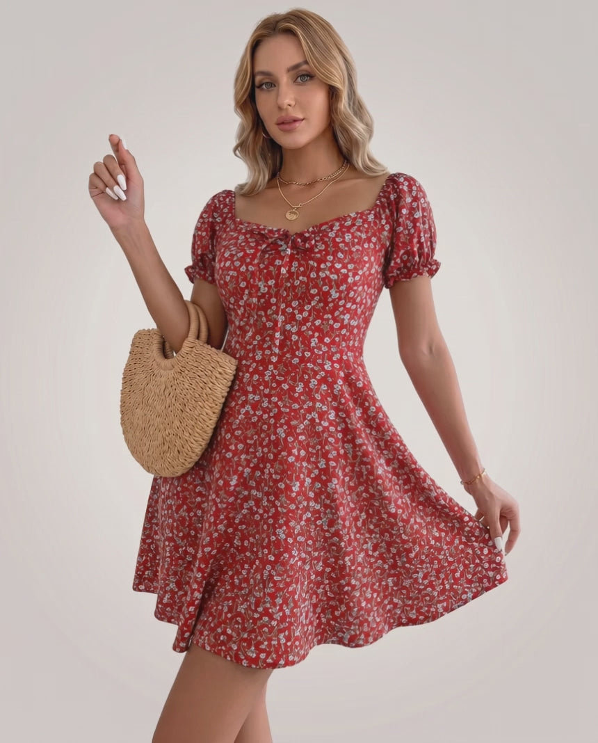 Florienne Mini Dress by Lauven — chiffon puff sleeve square neck A-line mini dress