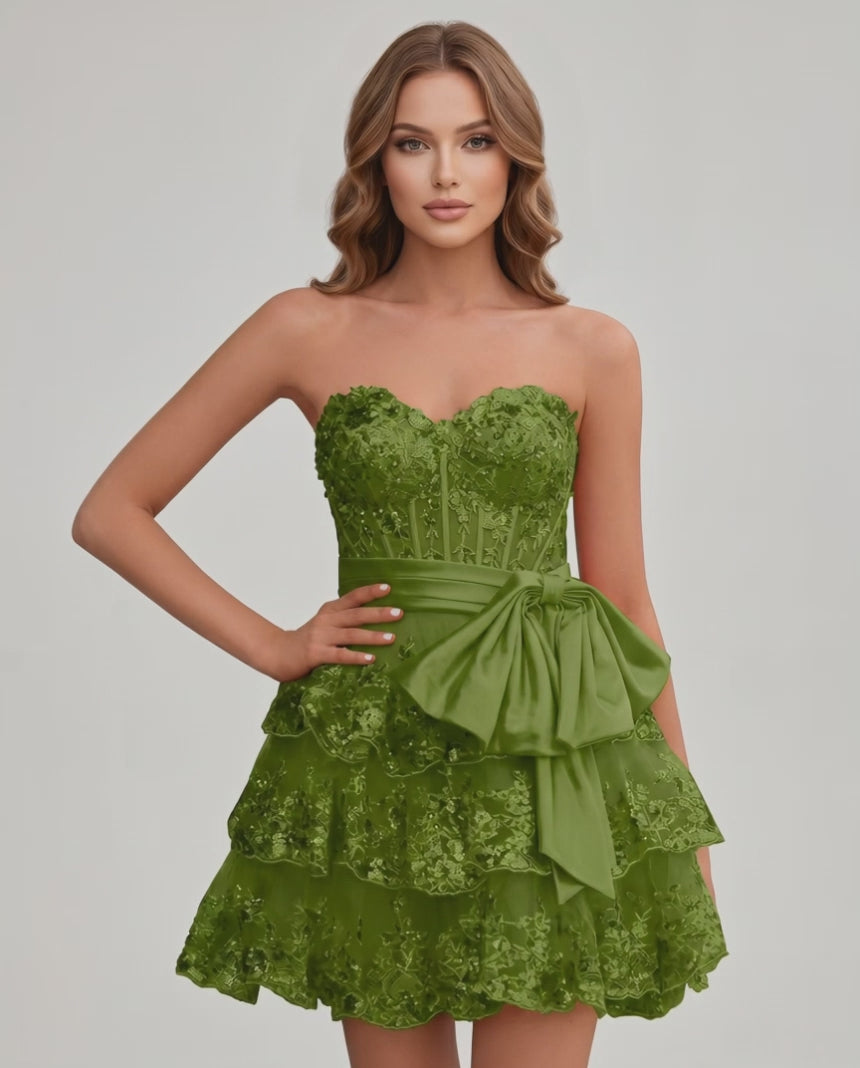 Veloura Mini Dress by Lauven — lace appliqué strapless sweetheart tiered mini dress