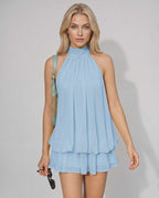 Lunelle Mini Dress by Lauven — polyester sleeveless tie neck loose fit mini dress