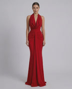 Celeste Maxi Dress by Lauven, elegant red satin silhouette designed for formal occasions.